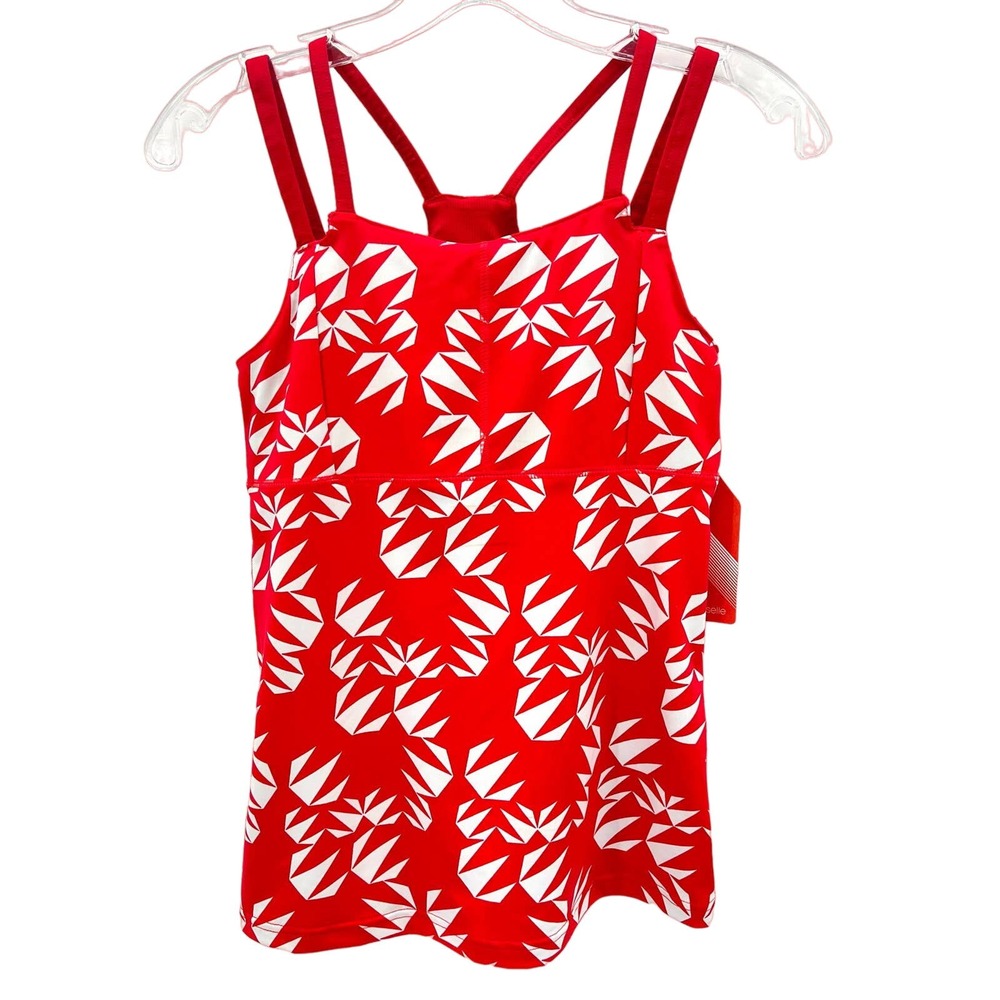 Oiselle New Verrazano Shimmel Red Geo women’s tank top with integrated bra